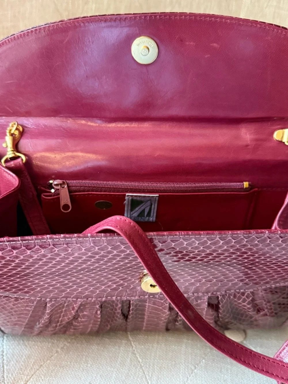 J. Renee Snakeskin Convertible Clutch Shoulder Bag Burgundy Wine Vintage